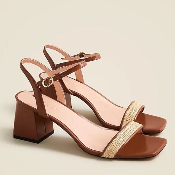 J. Crew Layne Leather + Raffia Block Heel Sandals - Picture 1 of 10